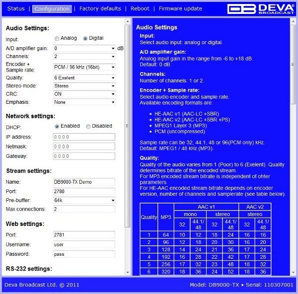 Deva Broadcast DB9000TX interface web
