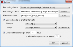 Playit recorder settings